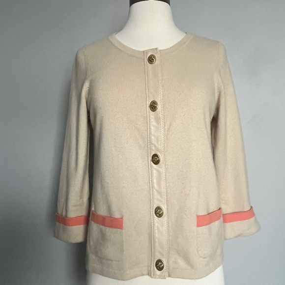 Coach Cashmere Leather Trim Buttoned Turnlock Tan Coral Career Cardigan‎ Sweater